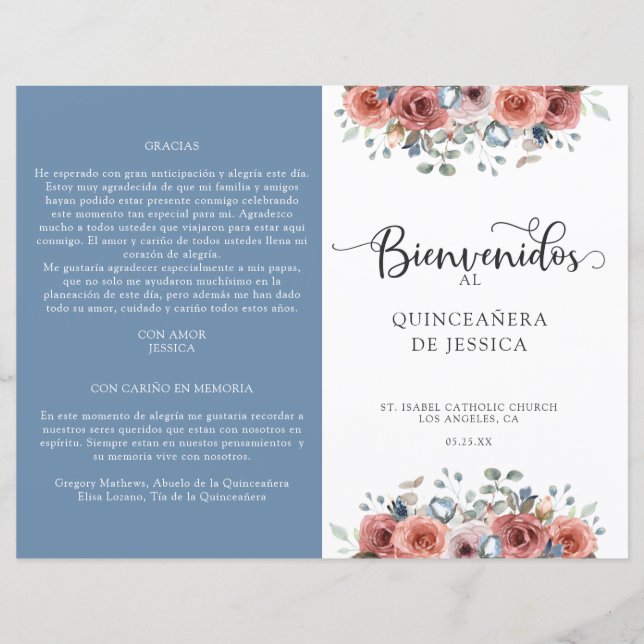 Programa de Quinceanera Floral Espanhol, Azul e Es (Frente)