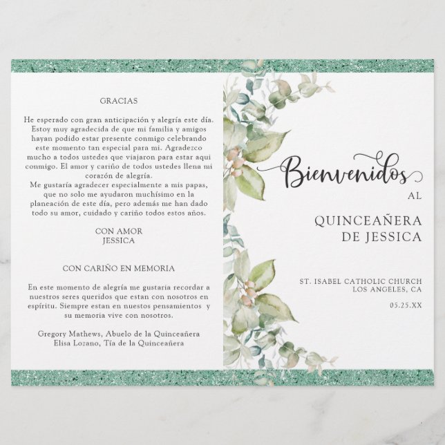 Programa de Quinceañera Verde com Hojas (Frente)