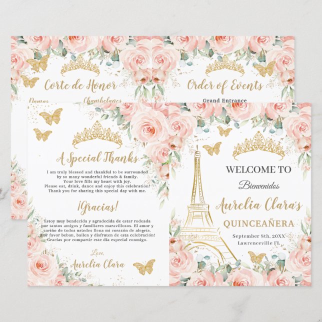 Programa de Quinceañera XV Floral Corado de Paris (Frente/Verso)