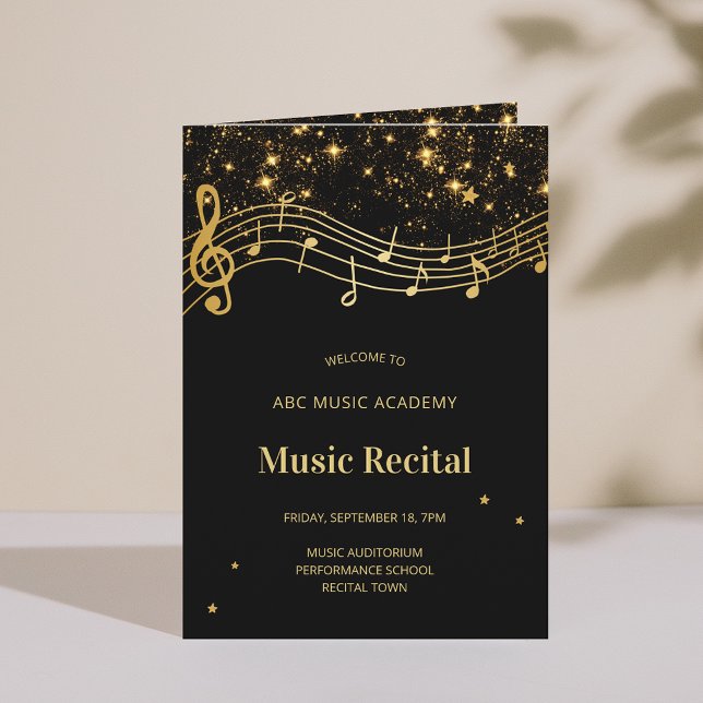 Programa de Recital de Música Elegante em Preto e  (Elegant Black Gold Music Recital Program)