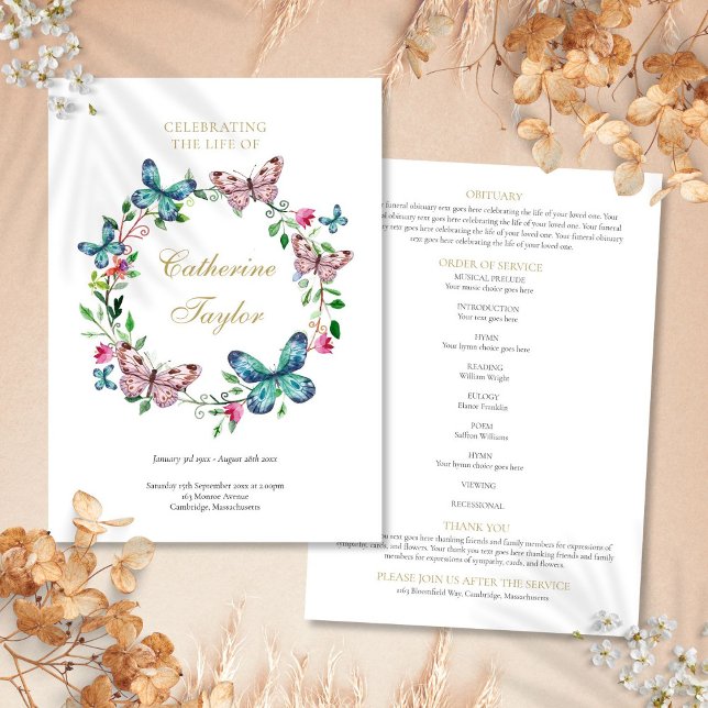 Programa de Serviço Funerário Memorial Borboletas (Butterflies Memorial Funeral Order Of Service Program)