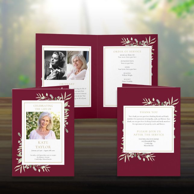 Programa de Serviço Memorial de Funeral de Verdura (Greenery Funeral Memorial Folded Order Of Service Program)