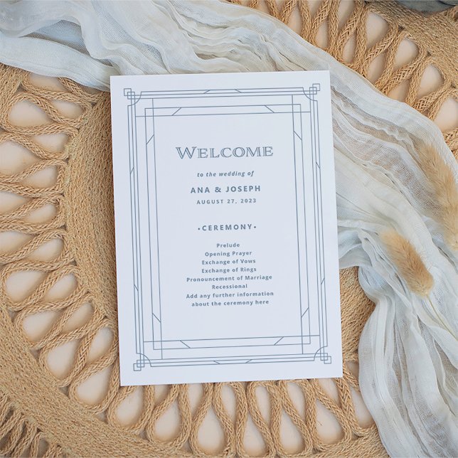 Programa Deco Moderno | Casamento branco e azul empoeirado (An elegant art deco style wedding program, in dusty blue on a white background)