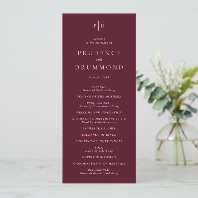 Programa Deep Burgundy Elegant Classic Wedding (Em pé/Frente)