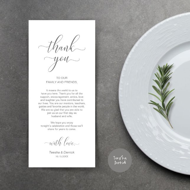 Programa Definição De Lugar Obrigado, Placa De Cinza Escura (Wedding Dinner Place Setting Thank You Card, Modern Classy Design, Dark Grey)