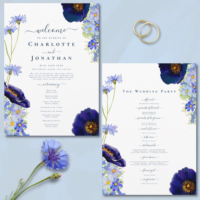 Programa Dia de Casamento Azul de Flor Selvagem Moderna (Elegant blue summer floral wedding programme with watercolor wildflowers and stylish typography )