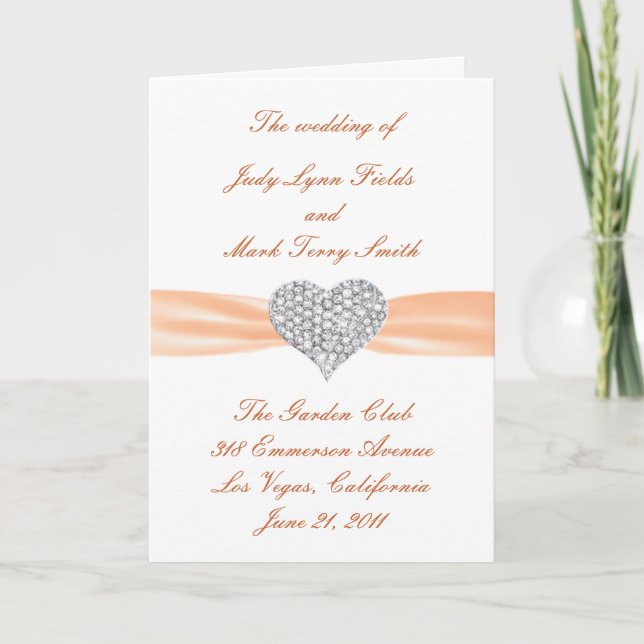 Programa Diamond Heart Orange Wedding Program Card (Frente)