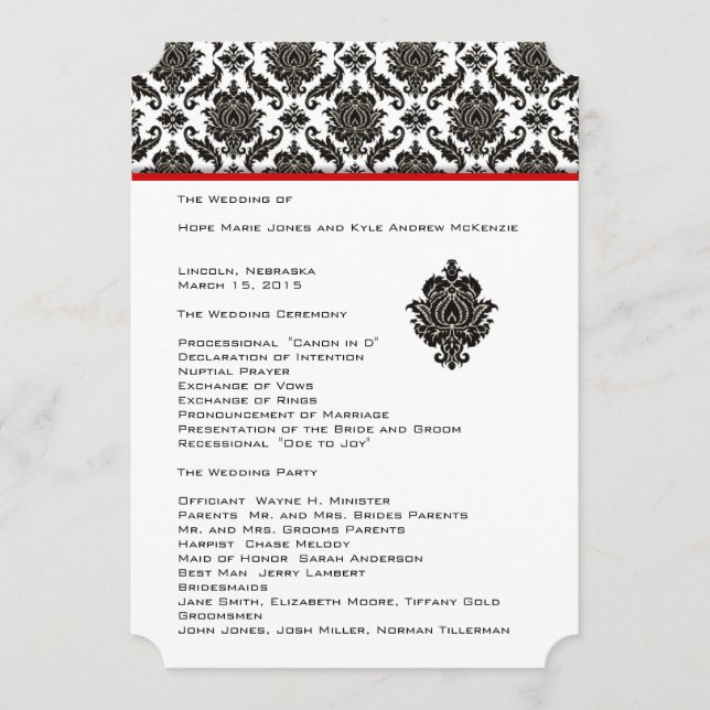 Programa Die Cut Black Damask Red Trim Weding Program (Frente)