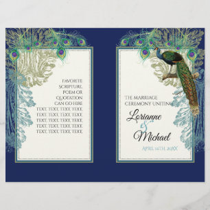 Programa do casamento da pena do pavão do vintage