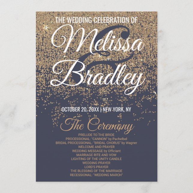 Programa Dourada Glitter Sparkles Marinho Blue Wedding Prog (Frente)