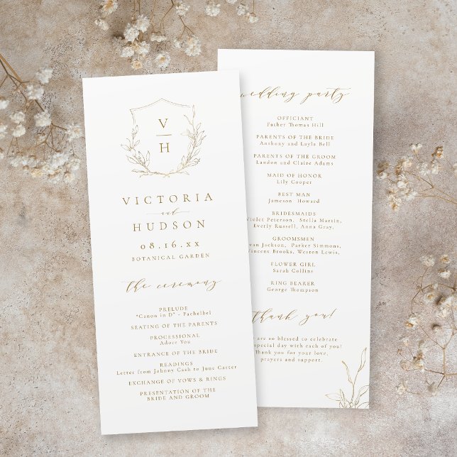 Programa Dourado casamento simples da crista botânica monog (Gold simple botanical crest monogram wedding program)