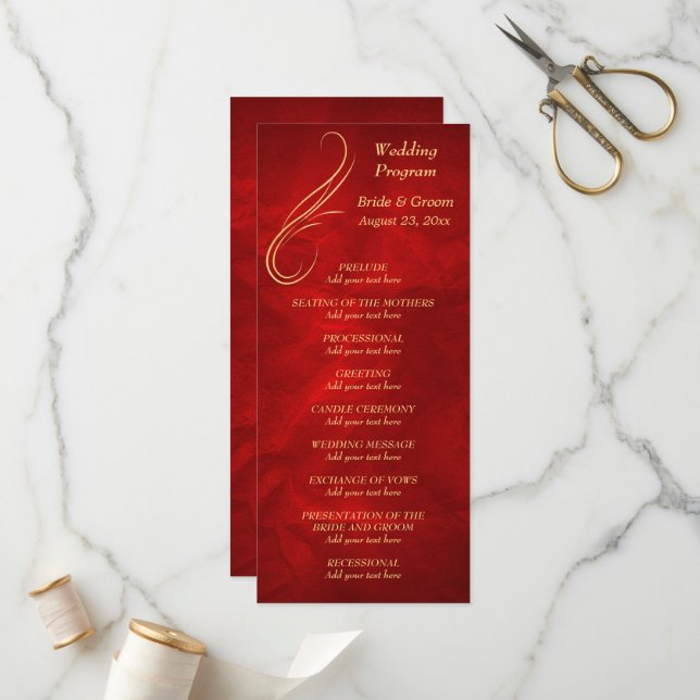Programa Dourado de Casamento Vermelho Brilhante (Frente/Verso In Situ)