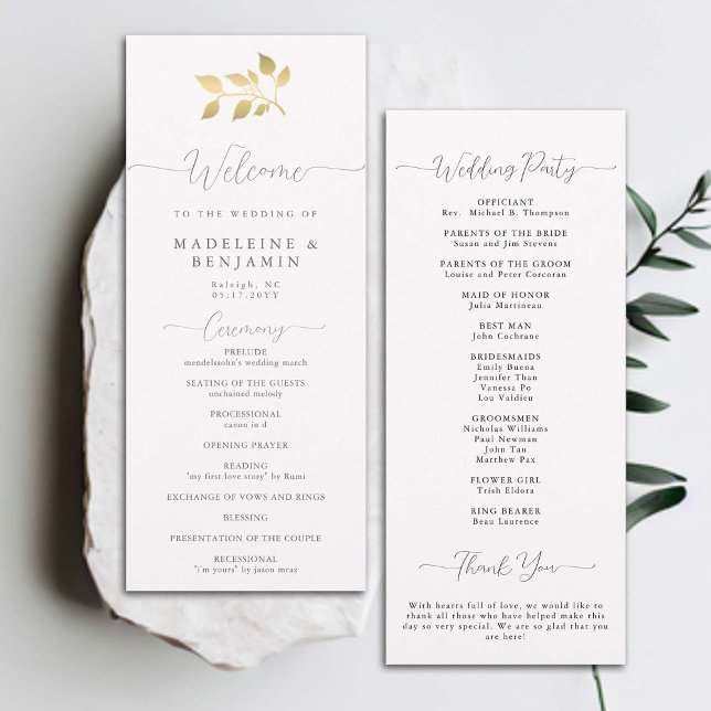 Programa Dourado Eucalyptus Elegante de Casamento  (simple classic wedding ceremony program elegant gold eucalyptus greenery foliage formal traditional)