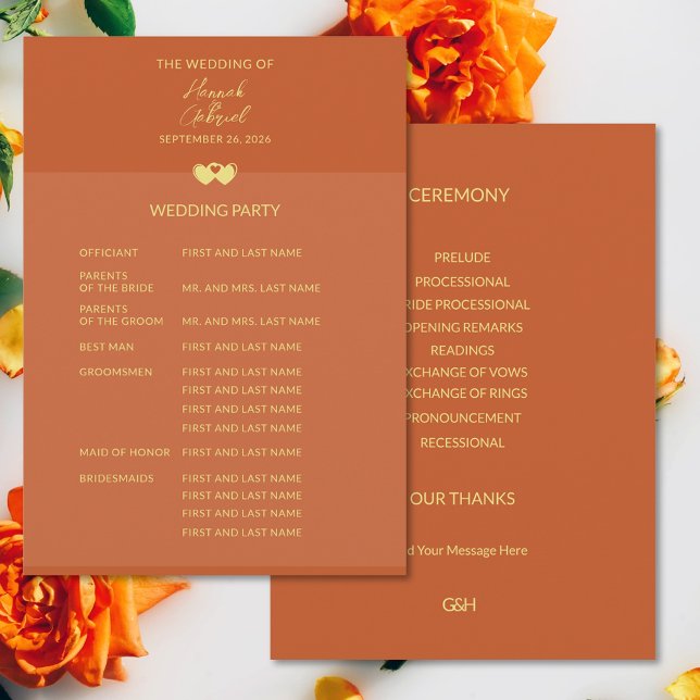 Programa Dourado Terracotta (Wedding Terracotta Gold Flat Program (front and back))