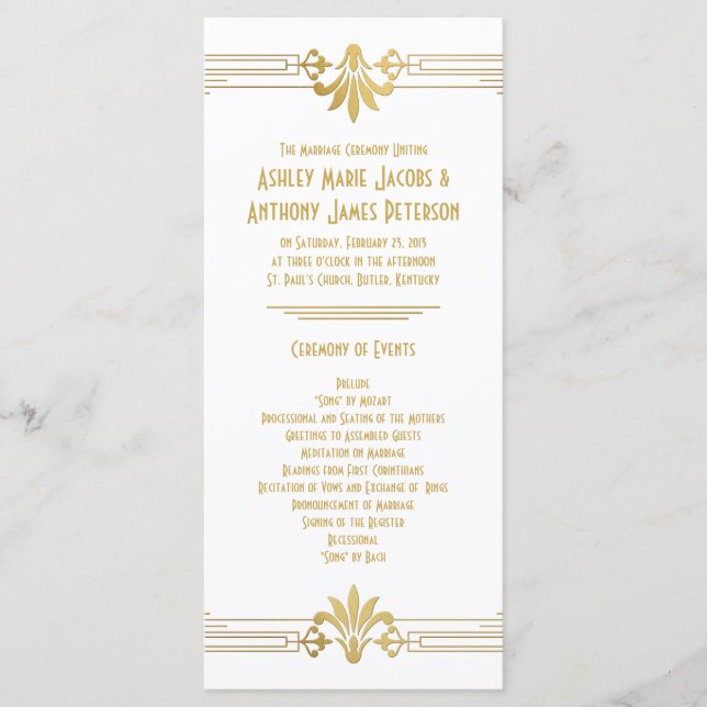 Programa Dourado White Roaring 20s Art Deco Wedding Program (Frente)