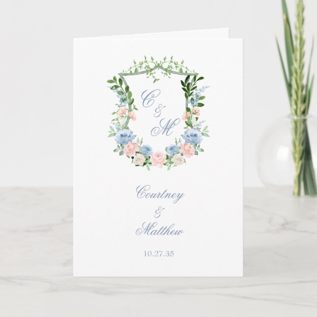 Programa Dusty Blue Floral Crest Casamento (Frente)