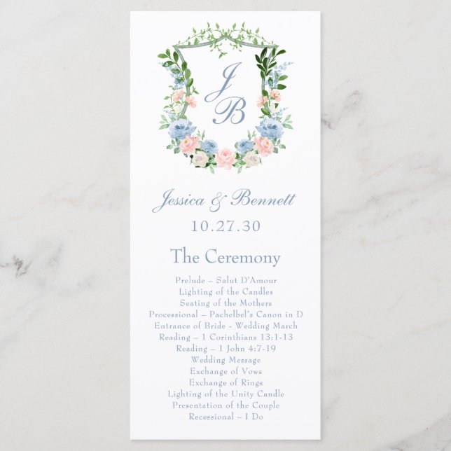 Programa Dusty Blue Floral Crest Casamento (Frente)