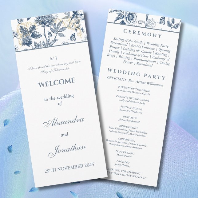 Programa Dusty Blue Floral French Christian Wedding Program (Criador carregado)