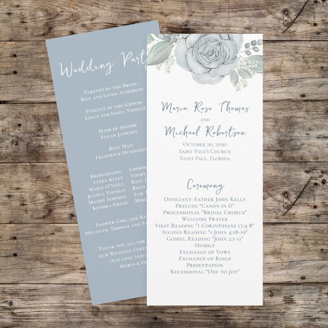 Programa Dusty Blue Floral Rosa Elegant Ceremony Program (Criador carregado)