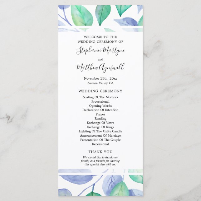 Programa Dusty Blue Watercolor Foliage Ceremony (Frente)