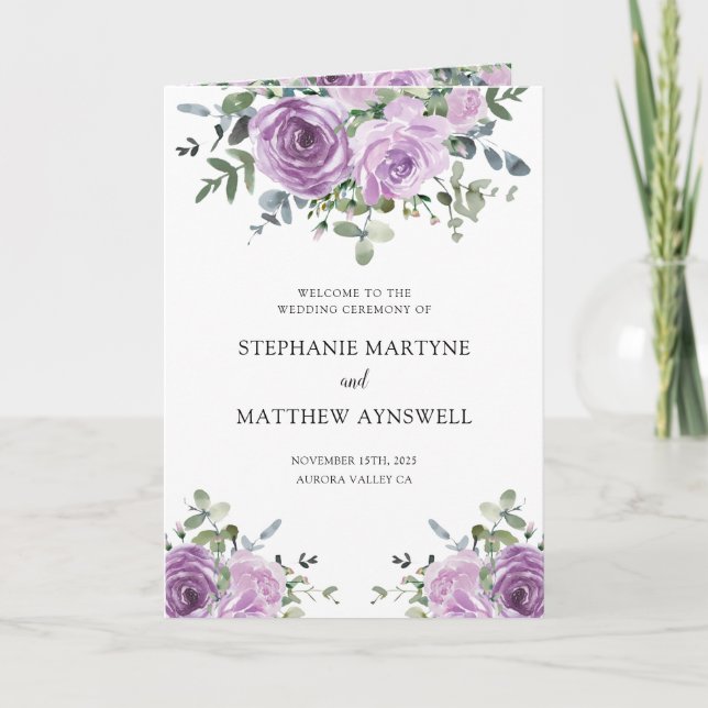Programa Dusty Mauve Eucalyptus Botanical Wedding Program (Frente)