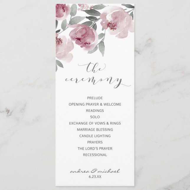 Programa Dusty Rosa Wedding Mauve Watercolor (Frente)