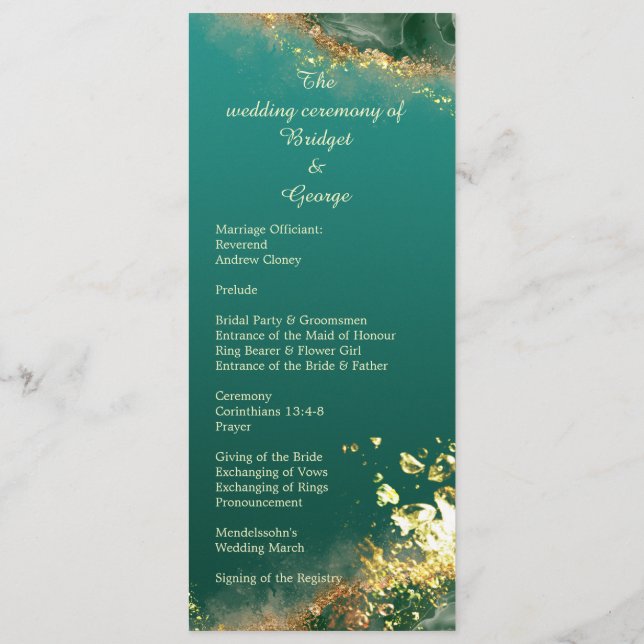 Programa e menu de casamento da joia de ouro verde (Verso)