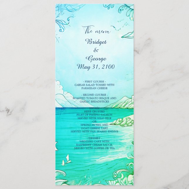 programa e menu de casamento do vibe costeiro azul (Frente)