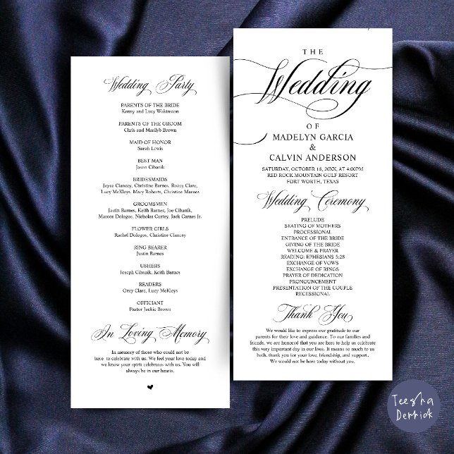 Programa Elegância Clássica Black Script, Cerimônia de Casa (Classic Elegance Black Script, Wedding Ceremony Program Card)