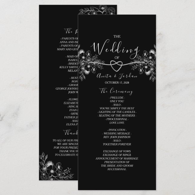 Programa Elegância de Renda Prata em Preto (Frente/Verso)