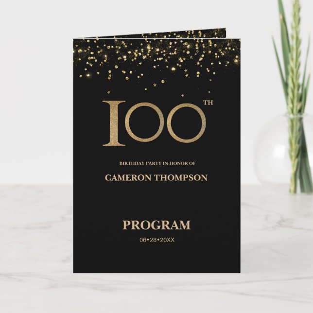 Programa Elegant Black Gold confetti Custom 100th birthday  (Frente)