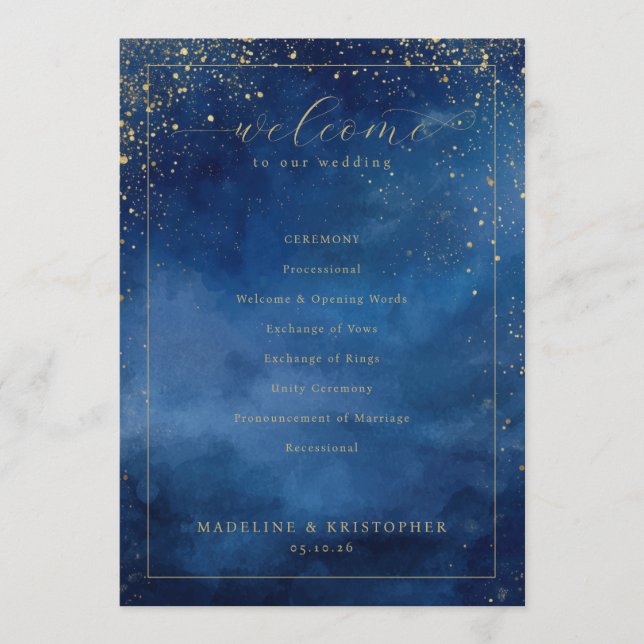 Programa Elegant Blue Watercolor Wedding Ceremony Program (Frente)