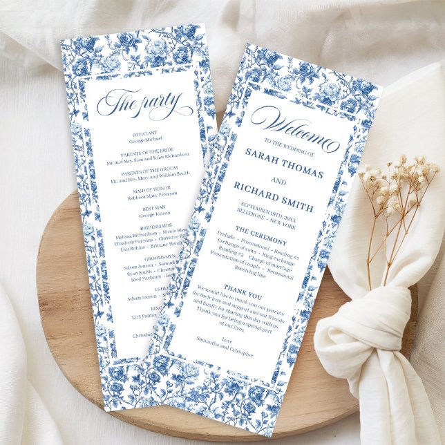 Programa Elegant Chic Navy Blue Toile de Jouy Roses Wedding (Elegant Chic Navy Blue Toile de Jouy Roses Wedding Program)