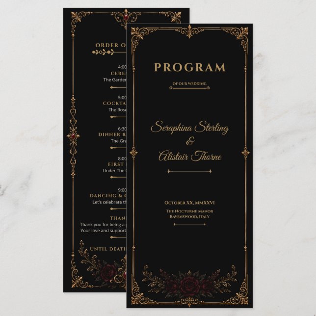 Programa Elegant Dark Gothic Wedding Program (Frente/Verso)