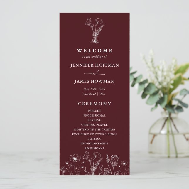 Programa Elegant Floral Burgundy Wedding  (Em pé/Frente)