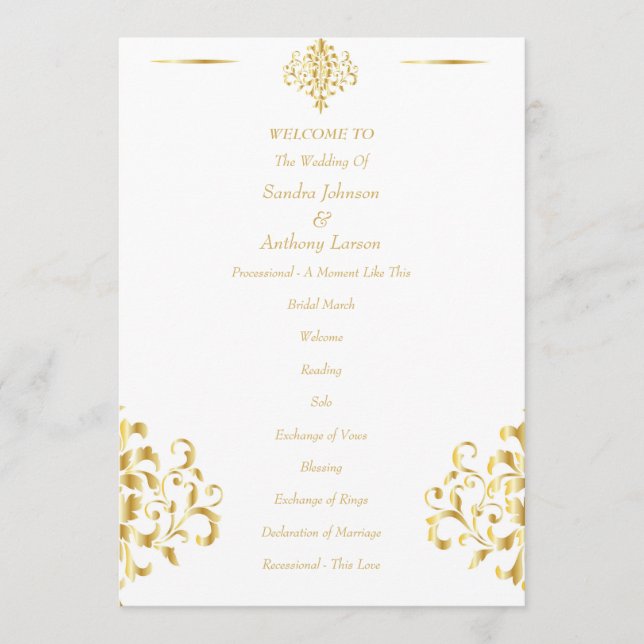 Programa Elegant Gold and White Damask Wedding (Frente)