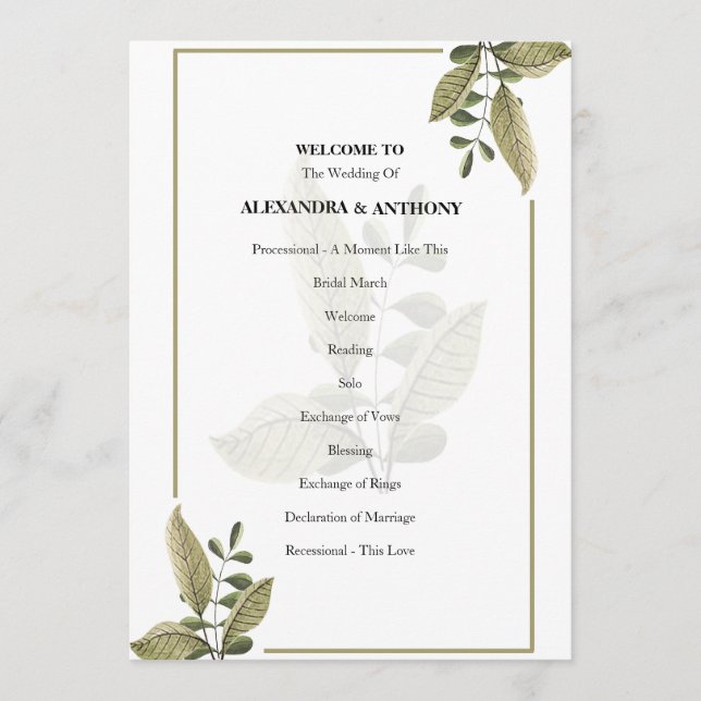 Programa Elegant Minimalist Greenery Wedding Program (Frente)