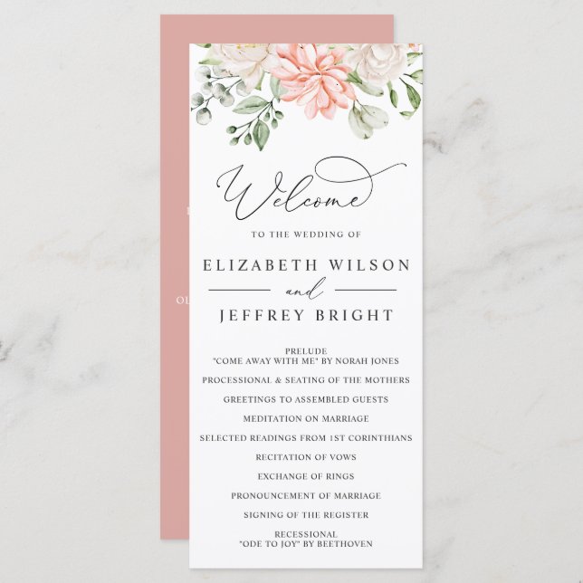 Programa Elegant Modern Botanical Blush Pink Floral Wedding (Frente/Verso)
