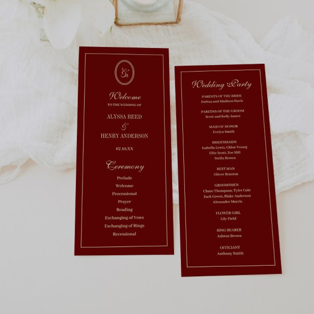 Programa Elegant Monogram Script Wine Red Wedding Ceremony (Criador carregado)