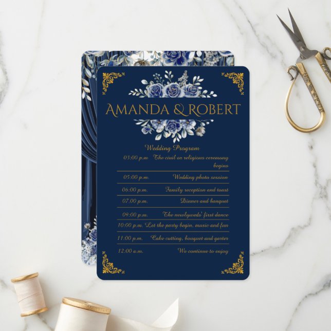 Programa Elegant Navy and Gold Floral Wedding Program Card (Frente/Verso In Situ)