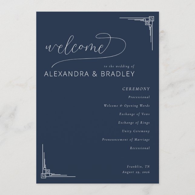Programa Elegant Navy Geometric Wedding Ceremony Schedule (Frente)