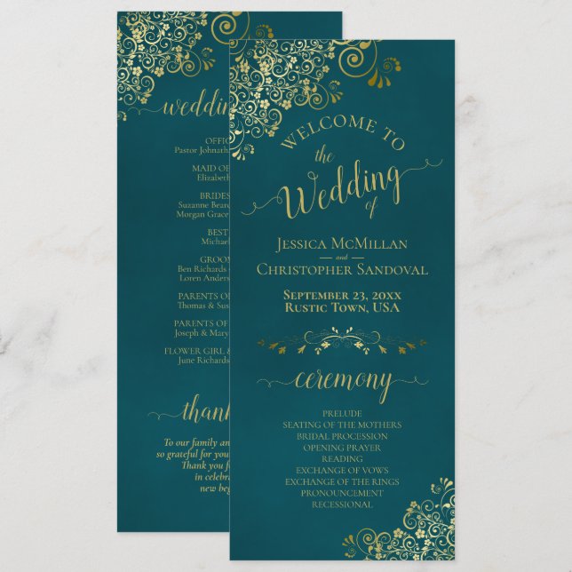 Programa Elegant Ornate Golden Curls on Dark Teal Wedding (Frente/Verso)