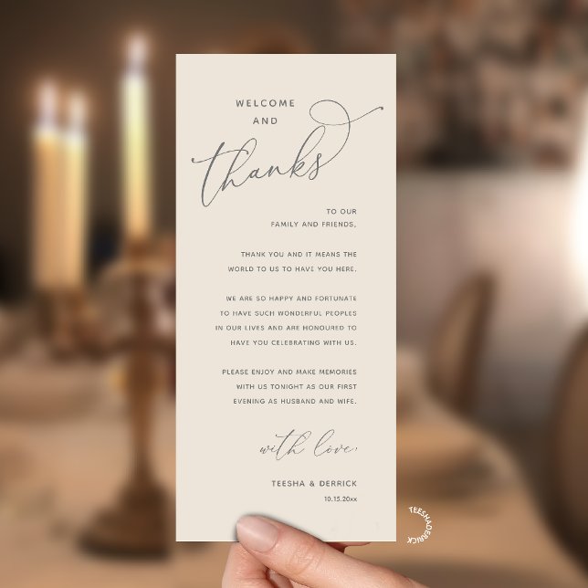 Programa Elegant Reception "Welcome and Thanks" Guest Card (Modern Elegant Wedding Reception "Welcome and Thanks" Table Card for Guest in Cream Grey)