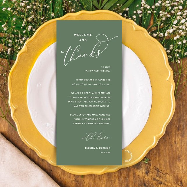 Programa Elegant Reception "Welcome and Thanks" Guest Card (Modern Elegant Wedding Reception "Welcome and Thanks" Table Card for Guest in Sage Green)
