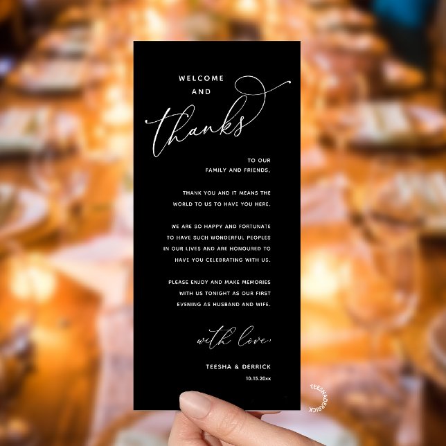 Programa Elegant Reception "Welcome and Thanks" Guest Card (Modern Elegant Wedding Reception "Welcome and Thanks" Table Card for Guest in Black White)