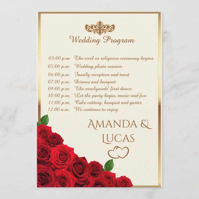 Programa Elegant Red Roses and Gold Frame Cream Wedding (Frente)