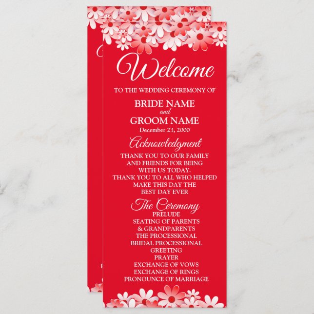 Programa Elegant Red White Floral Wedding (Frente/Verso)