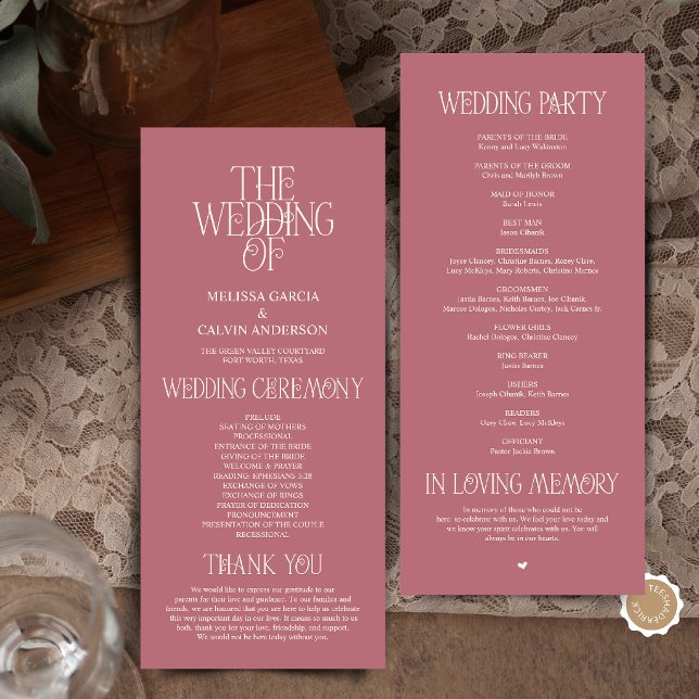 Programa Elegant Rose Gold Typography Wedding Program (Elegant Rose Gold Typography Modern Romantic Wedding Program Card)