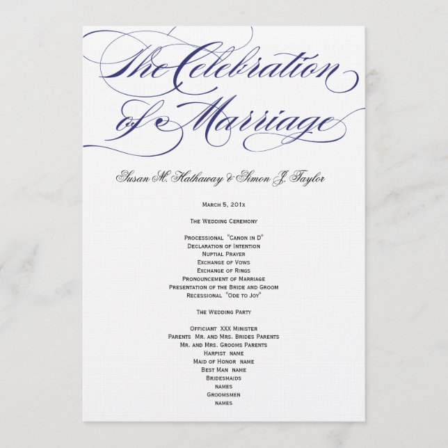 Programa Elegant Script Wedding Program - Marinho (Frente)