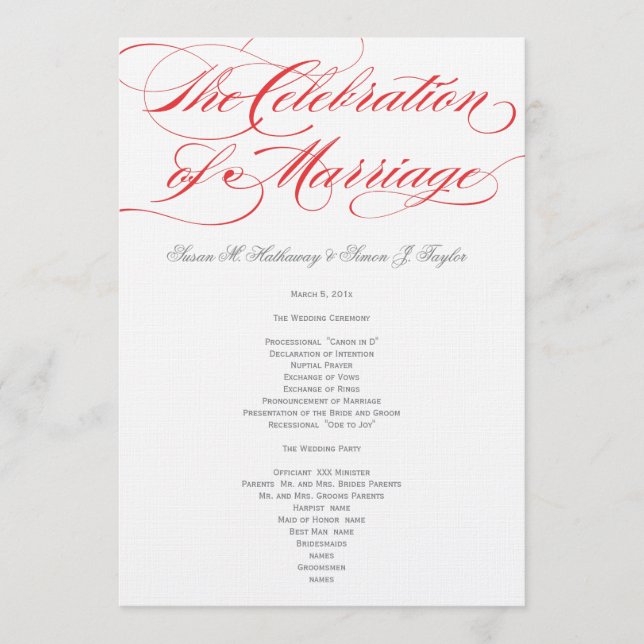 Programa Elegant Script Wedding Program - Red (Frente)